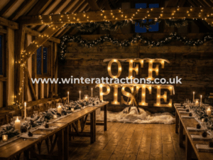 Off Piste LED Signpost Display Prop Hire Wedding Barn Evening